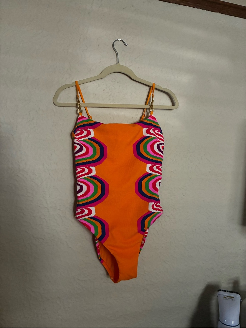 Trina Turk Orange One-Piece Swimsuit with Multicolor Wave Accents